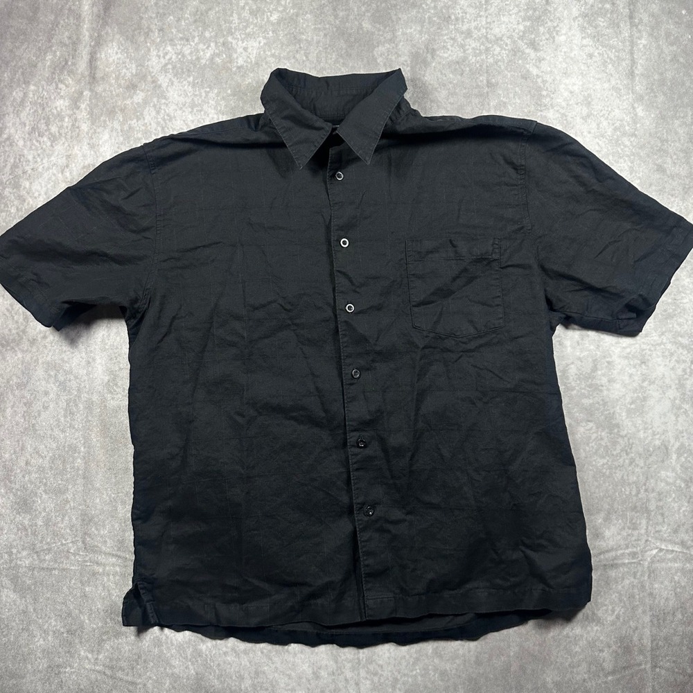Men XL Black Linen Blend Short Sleeve Windowpane Button Down Shirt Coastal Beach